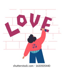 Happy confident woman in jeans jacket draws graffiti on the brick wall.Love lettering.Valentines Day.look from the back.Flat cartoon characters on white background.Colorful vector illustration