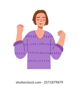 Happy confident woman showing winners gesture, flat cartoon character. Girl expressing positive emotion. Vector illustration of cheerful girl winner. Successful smiling female with fists up