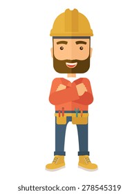 A happy and confident worker standing with crossed arms. . A Contemporary style. Vector flat design illustration isolated white background. Vertical layout.