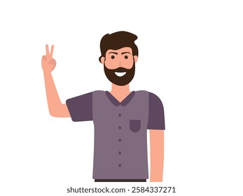 happy confident young man showing victory fingers sign vector, illustration.
