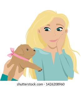 Happy and confused girl delighted for puppy. Puppy with a bow as a gift.