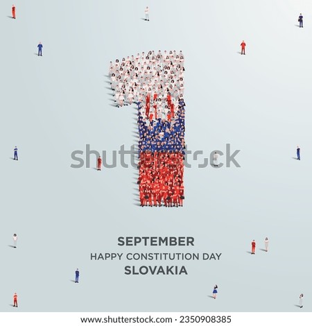 Happy Constitution Day Slovakia. A large group of people form to create the number 1 as Slovakia celebrates its Constitution Day on the 1st of September. Vector illustration.