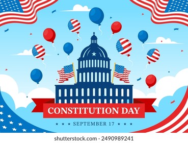 Happy Constitution Day United States Vector Illustration Vector Illustration on September 17th with an American Waving Flag and the Capitol Building