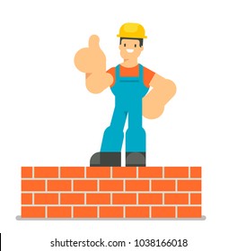 Happy constraction worker did a god job. Smiling character standing and shows thumb up. Vector flat design.