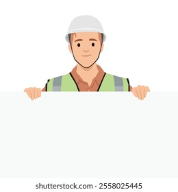 Happy construction site worker, architect holding an empty banner with copy space. Flat vector illustration isolated on white background