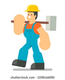 Happy construction worker character. Building male specialists ready for work. Vector illustration isolated on white background. Flat character design.