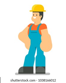 Happy construction worker character. Building male specialists ready for work. Vector illustration isolated on white background. Flat character design.