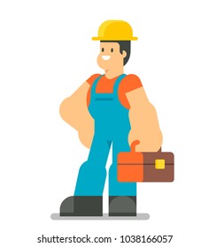 Happy construction worker character. Building male specialists ready for work. Vector illustration isolated on white background. Flat character design.