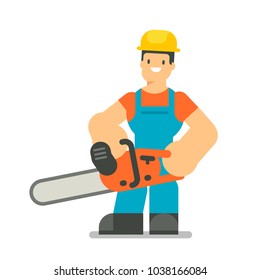 Happy construction worker character. Building male specialists ready for work. Vector illustration isolated on white background. Flat character design.