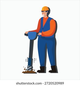 Happy Construction Worker Operating Jackhammer Flat Design Character Illustration