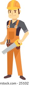 Happy construction worker with saw. Woodwork craftsman character