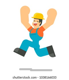 Happy construction worker. Vector illustration isolated on white background. Flat character design.