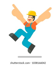 Happy construction worker. Vector illustration isolated on white background. Flat character design.