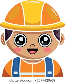 Happy construction worker wearing a yellow hard hat and blue overalls in cartoon style.