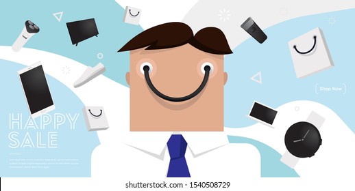 Happy consumer man with shopping bag handle for consumer protection, satisfaction guarenteed, client services, valentine's day gifts etc. Vector EPS.