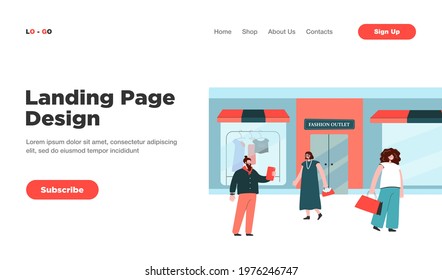 Happy consumers choosing clothes in shop or boutique flat vector illustration. Cartoon characters walking along street near trendy apparel store. Retail, fashion outlet and shopping concept
