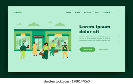 Happy consumers choosing clothes in shop or boutique flat vector illustration. Cartoon characters walking along street near trendy apparel store. Retail, fashion outlet and shopping concept