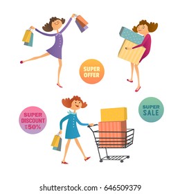 Happy consumers concept. Hand drawn shoppers cartoon style. Smiling shopping girls with bags and cart isolated on white. Design element of marketing consumer product sale banner. Vector illustration