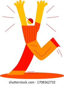 Happy contemporary male running in excitement with raised arms. Flat cartoon character vector illustration isolated on white background