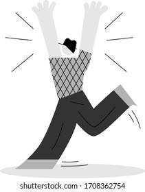 Happy contemporary male running in excitement with raised arms. Flat cartoon character vector illustration isolated on white background