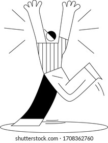 Happy contemporary male running in excitement with raised arms. Flat cartoon character vector illustration isolated on white background