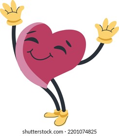 Happy and content heart character smiling and raising hands. Isolated love personage, pleased love symbol. Cute creature with muzzle praising. Sticker or emoji, emoticon. Vector in flat style