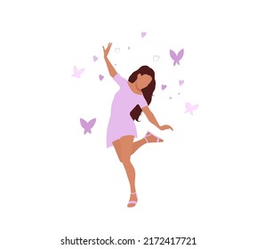 Feliz mujer de contenido, saltando y volando. Concepto de salud mental. Amor propio. Mujer enamorada. Ilustración vectorial de dibujos animados planos. Ilustración fácil y ligera.
 