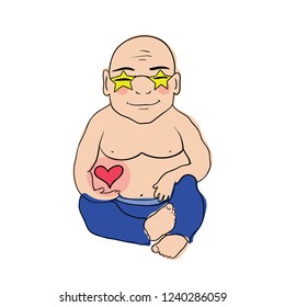 a happy and contented buddha sits in star-shaped fashionable yellow glasses and holds a heart in his hands. Cartoon vector illustration.