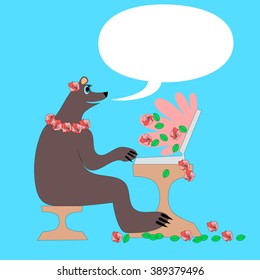 Happy and contented mother bear sitting at the coffee table and writes a laptop.  Computer emits a wave energy containing flowers and rose petals.