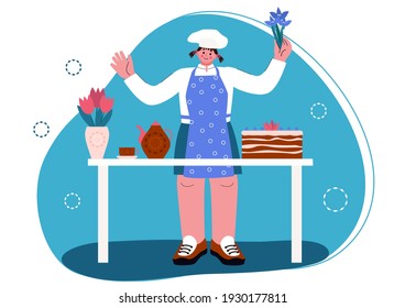 The happy cook baked a cake. Preparation for the holiday, flowers in a vase. On the table is a cake, a tea set. Vector illustration in cartoon style.
