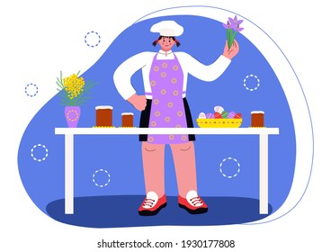 The happy cook was baking pies. Preparation for the Easter holiday, mimosa branches in a vase. There 
are cakes on the table, and painted eggs on a plate. Vector, EPS 10