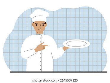 Happy cook in a cap holds an empty plate in his palm. Vector flat illustration