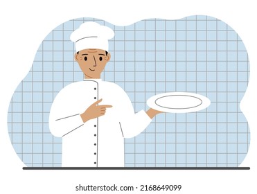 Happy cook in a cap holds an empty plate in his palm. Vector flat illustration