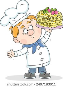 Happy cook in a chef hat holding a platter with freshly baked tasty sweet pancakes for a holiday treat in a restaurant, vector cartoon illustration isolated on a white background