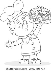 Happy cook in a chef hat holding a platter with freshly baked tasty sweet pancakes for a holiday treat in a restaurant, black and white vector cartoon illustration for a coloring book