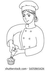 Happy cook decorates a cake, vector illustration on white background. Hand drawn pastry-cook in chef uniform and cap at work, confectioner holds a pastry bag.