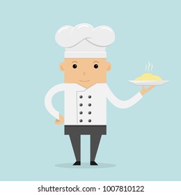 Happy cook with hat in uniform. Chef with pasta on plate on blue background, illustration.