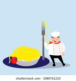 Happy cook with hat in uniform. Chef with pasta on plate. Vector illustration.
