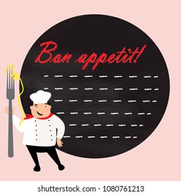 Happy cook with hat in uniform. Chef with big fork. Vector illustration.