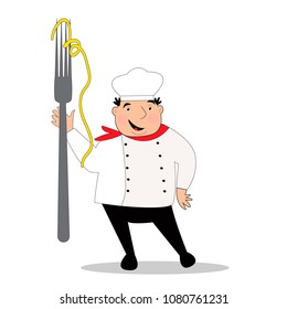 Happy cook with hat in uniform. Chef with big fork. Vector illustration.