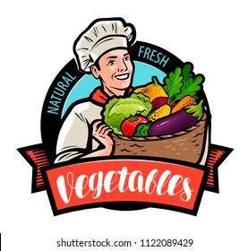 Happy cook is holding a wicker basket with vegetables. Cartoon vector illustration