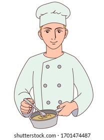Schöner Koch, einzelne Vektorillustration auf weißem Hintergrund. Handgezeichnete Konditorei in Koch-Uniform und Kappe bei der Arbeit.