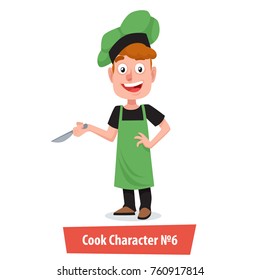 Happy Cook Man Character With Knife in Green Dark Uniform Isolated on White Background. Cartoon Style Vector Illustration