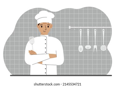 Happy cook man holds a kitchen spatula in his hand. Vector flat illustration