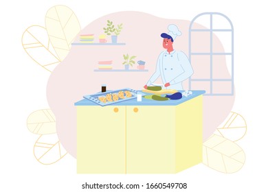 Happy Cook Prepares Delicious Food, Illustration. Man is Preparing Dish Baked Meat and Vegetables. For Convenience, all Ingredients and Spices Laid Out on Cook’s Table. Large Window Illuminate Room.