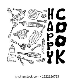 happy cook with tools black - vector