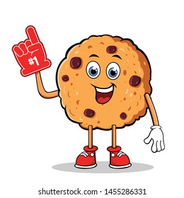 Happy Cookie Cartoon Mascot Character With The Number 1 One Sports Fan Hand Glove.