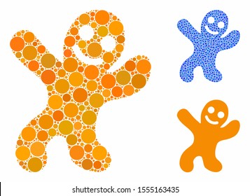 Happy cookie man composition of filled circles in various sizes and color tinges, based on happy cookie man icon. Vector filled circles are composed into blue composition.