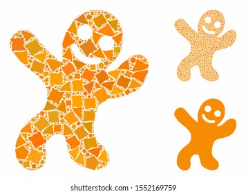 Happy cookie man composition of trembly elements in variable sizes and color hues, based on happy cookie man icon. Vector uneven elements are combined into collage.