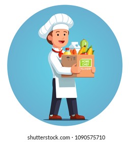 Happy Cooking Chef Holding Cardboard Box With Home Chef Delivery Meal Ingredients Kit. Fresh Groceries, Fruits, Vegetables, Milk. Meal Kit Delivery Service. Flat Vector Isolated Illustration